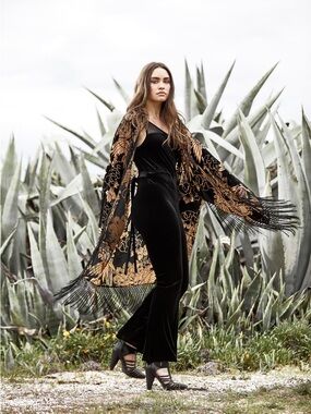 Haus of Denim & Lace Cranes in the Sky Velvet Silk Burnout Kimono with Fringe